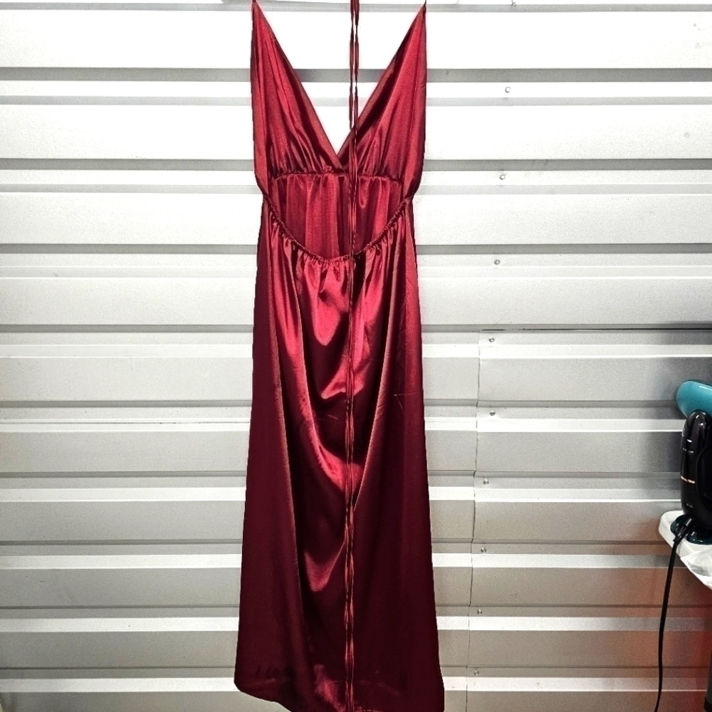 Jeykay Satin Burgandy Halter Maxi Dress - Picture 4 of 8